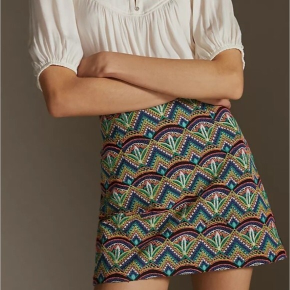 Anthropologie Ollari Deco Embroidered Beaded Cotton Mini Skirt